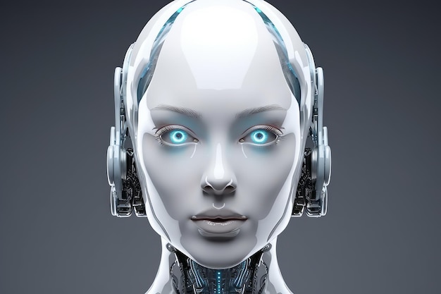 A robot head with blue eyes and a white face.