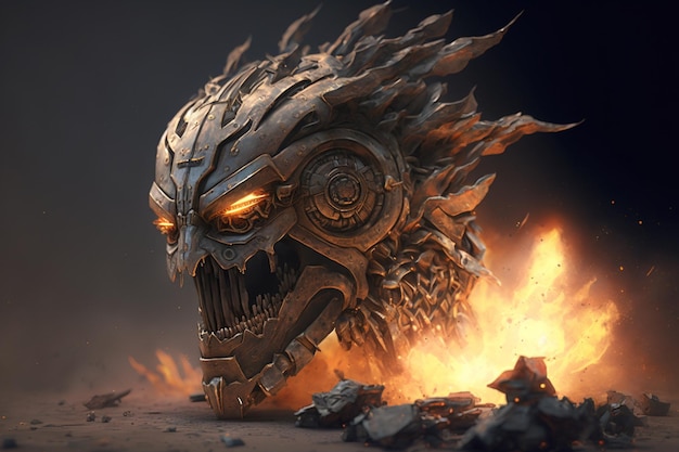 A robot head with a burning fire in the background.