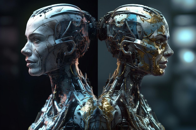 A robot head and a woman's face.