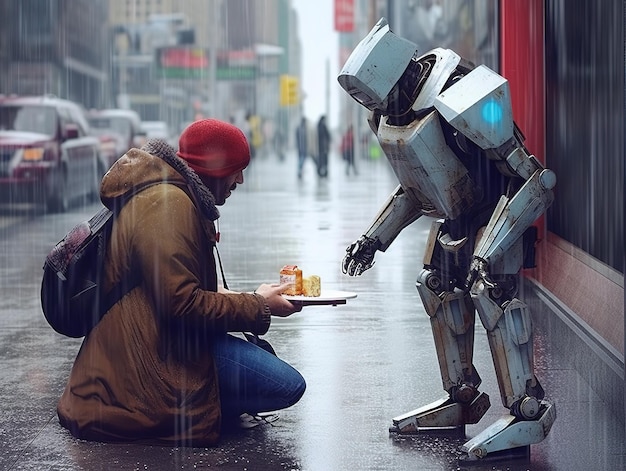 Foto robot che aiuta i senzatetto futuro concetto di disoccupazione lavori di robot ai