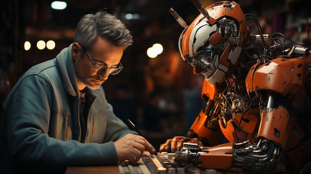 Robot helping a man to repair items in a workshop