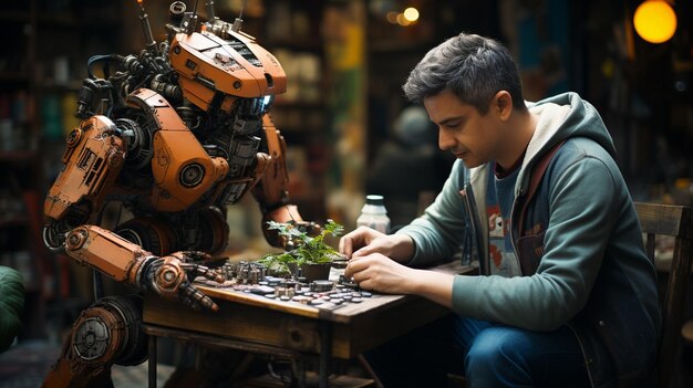 Robot helping a man to repair items in a workshop