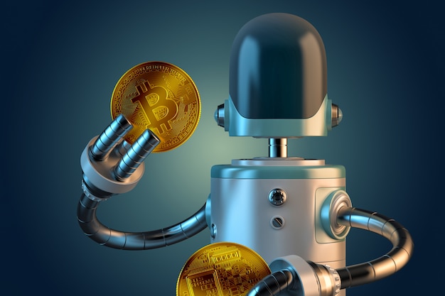 Photo robot hold bitcoin coins. 3d illustration. isolated. contains clipping path