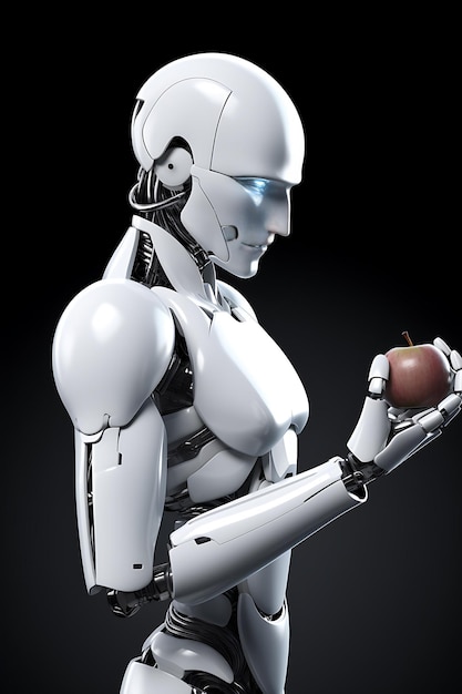 A robot holding an apple in his hand