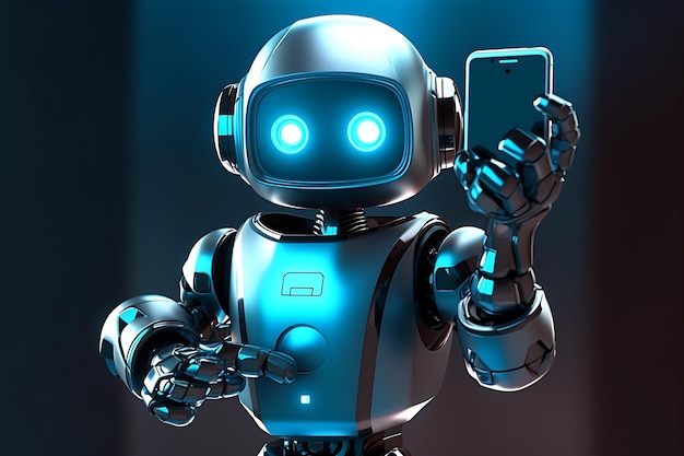 a robot holding a cell phone in front of an abstract backdrop