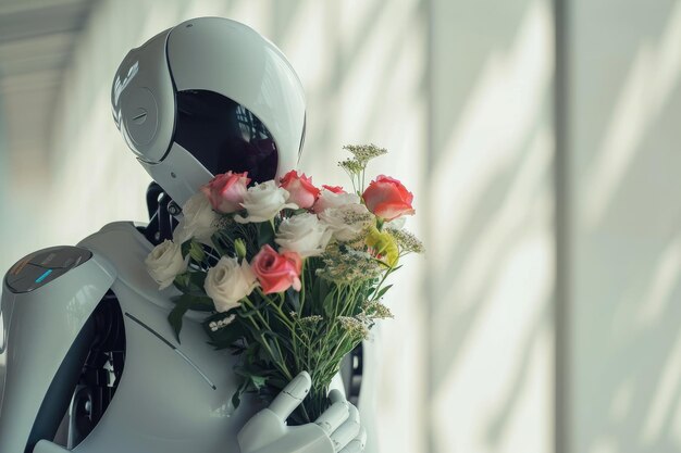 Foto un robot che tiene un colorato bouquet di fiori nelle sue mani meccaniche che mostra la fusione della tecnologia e della natura un robot umanoide che tiene un bucket di fiori generato dall'ai