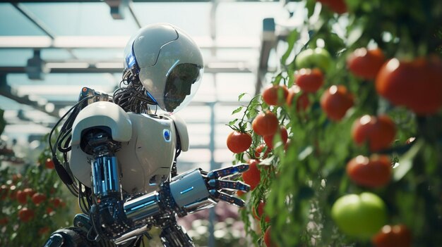 温室で緑の植物を保持するロボット