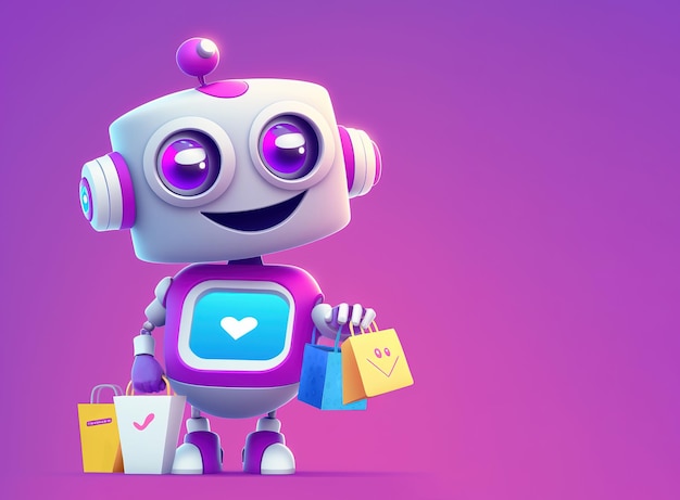 Robot holding many multicolored shopping bags over blue pink bac