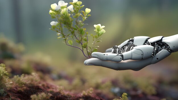 Photo a robot holding a plant in his hand