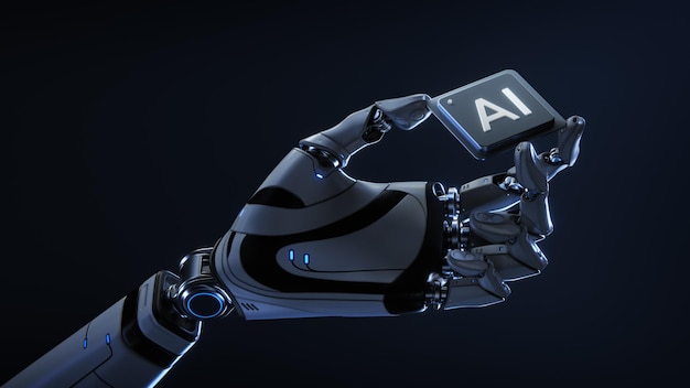 AI人工知能技術とネットワークコンセプトを持つプロセッサを握るロボット