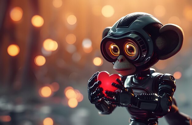 赤いハートを抱いたロボット バレンタインデーコンセプト