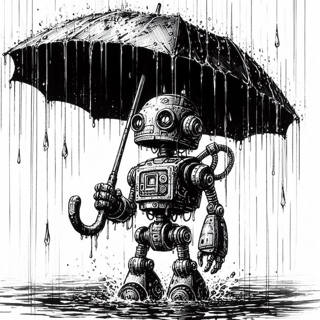 Робот с зонтиком под дождем
