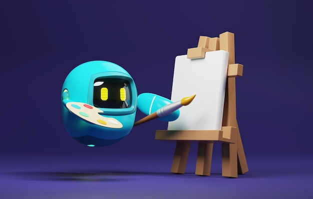 ロボットは紫色の背景に未来的なデジタルアートを作成するためにブラシを握っています