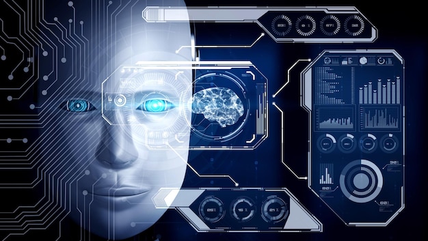 Robot hominoid face close up with graphic concept of big data\
analytic