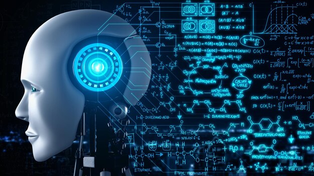 Robot hominoid face close up with graphic concept of\
engineering science study