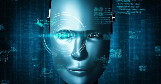 Robot hominoid face close up with graphic concept of engineering science study