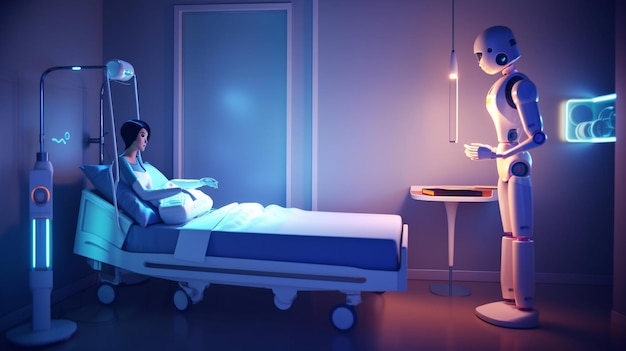 病院のベッドにいるロボットと、病院のベッドにいる女性。