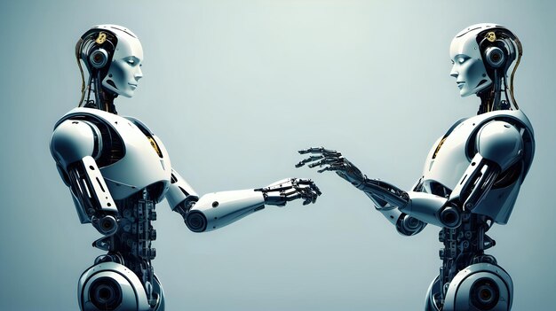 A robot and a human collaborating on a task emphasizing the synergy between AI and human brain