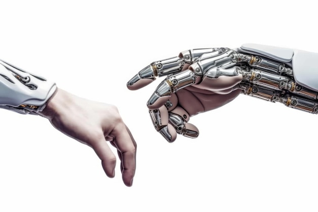 A robot and a human hand shaking each other.