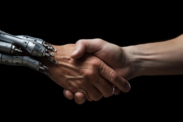 robot and human handshake on a black background