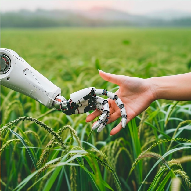 Robot and human pulling hands to reach out each other Almost reaching robotic cyborg and woman ha