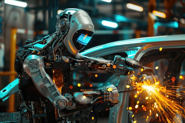 Photo robot human replacing jobs ai artificial intelligence humanoid working at automobile factory welding the car body