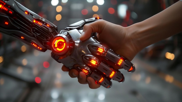 Робот и человек пожимают друг другу руки, они взаимодействуют.