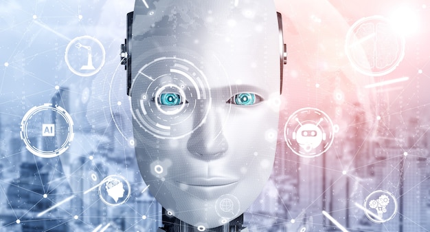 Robot humanoid face close up with graphic concept of AI thinking brain