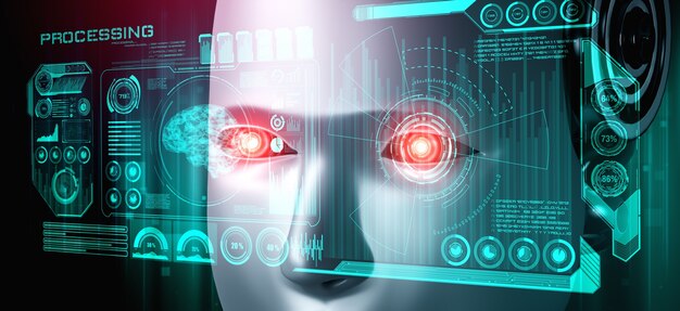 Robot humanoid face close up with graphic concept of big data analytic