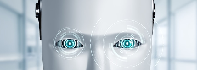 Robot humanoid face and eyes close up view 3D rendering