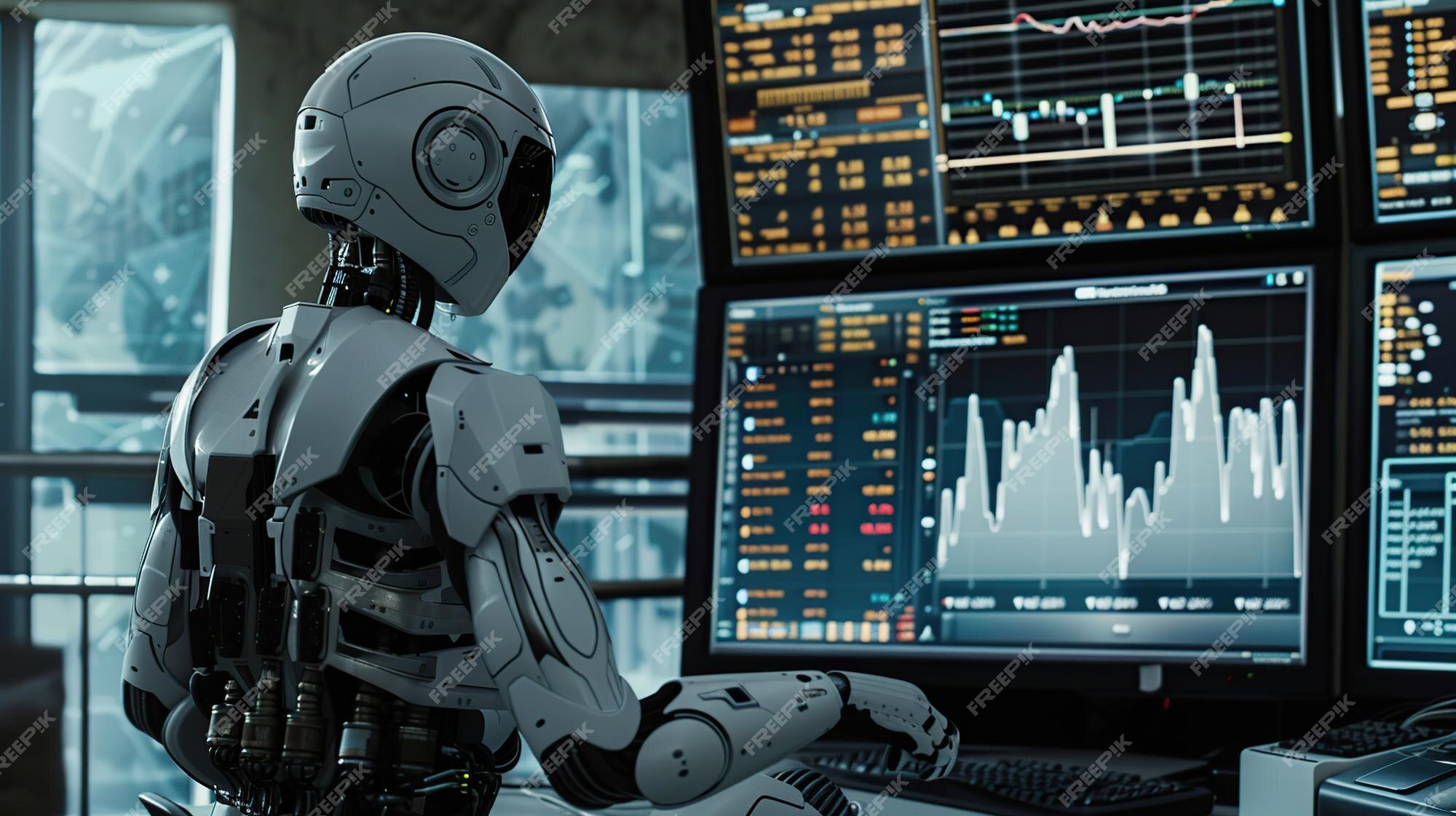 Premium Photo | Robot humanoid in front of stock market monitor 3D
