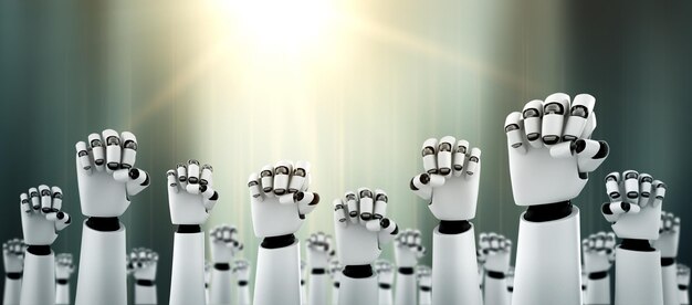 Robot humanoid hands up to celebrate success achieved by using AI