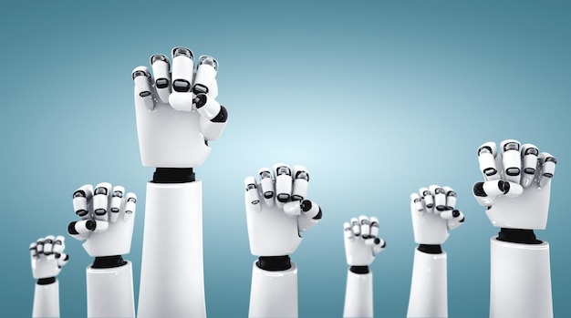 Robot humanoid hands up to celebrate success achieved by using AI