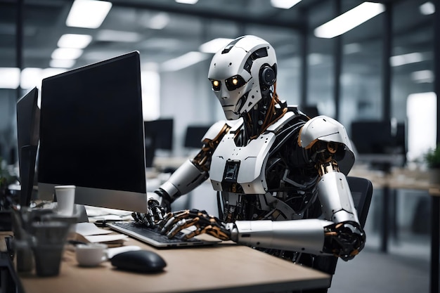 Robot humanoid sitting in office and using computer