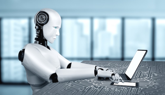 Фото Робот-гуманоид использует ноутбук и сидит за столом в будущем офисе, используя интеллектуальный мозг искусственного интеллекта