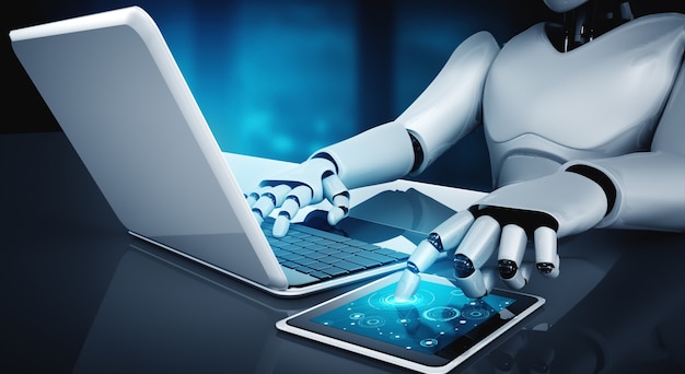 Robot humanoid use laptop and sit at table in future office