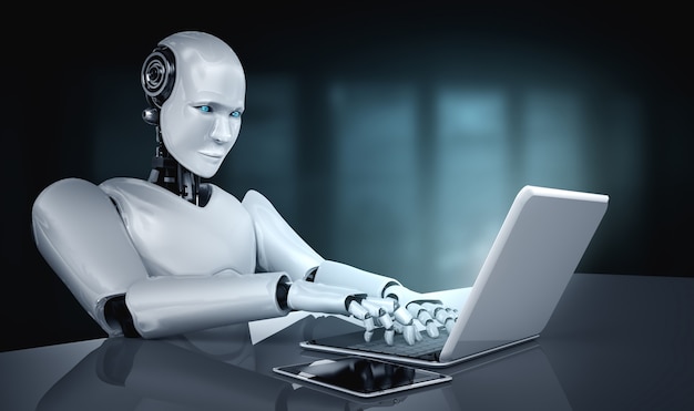 Robot humanoid use laptop and sit at table in future office