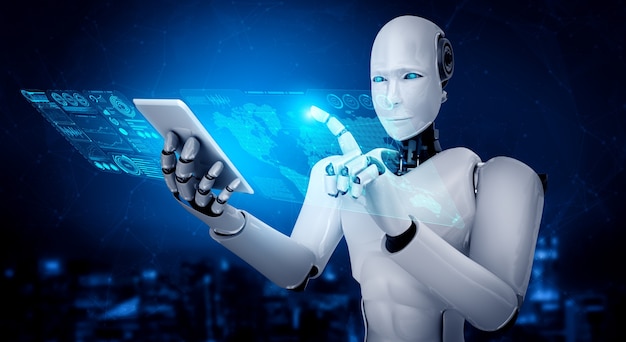 Робот-гуманоид использует мобильный телефон или планшет для анализа больших данных с помощью искусственного интеллекта