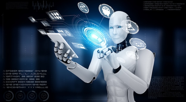 Robot humanoid use mobile phone or tablet for big data analytic