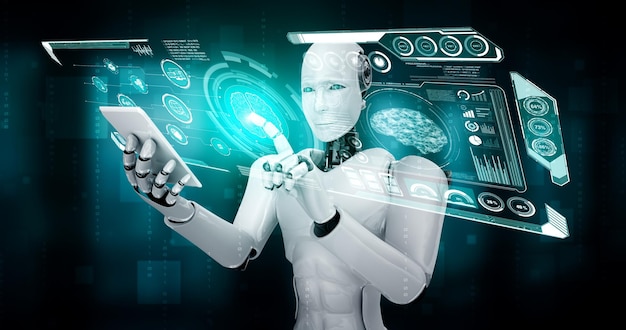 Robot humanoid use mobile phone or tablet for big data analytic