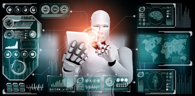 Robot humanoid use mobile phone or tablet for big data analytic