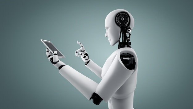 Robot humanoid use mobile phone or tablet in future office