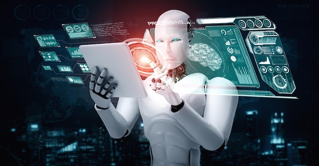 AI 사고 두뇌의 개념에서 태블릿 컴퓨터를 사용하는 로봇 휴머노이드