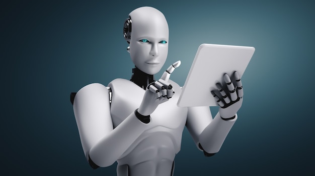 Robot umanoide utilizzando computer tablet in futuro ufficio