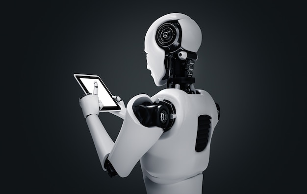 Робот-гуманоид с помощью планшетного компьютера в офисе будущего