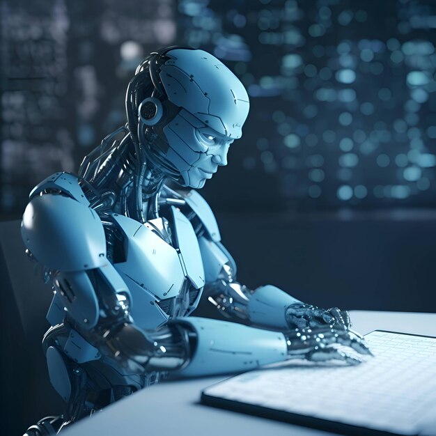 Robot humanoid working with computer in office 3d rendering