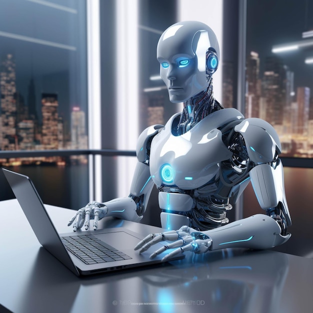 Robot humanoid working with laptop computer in office 3D rendering