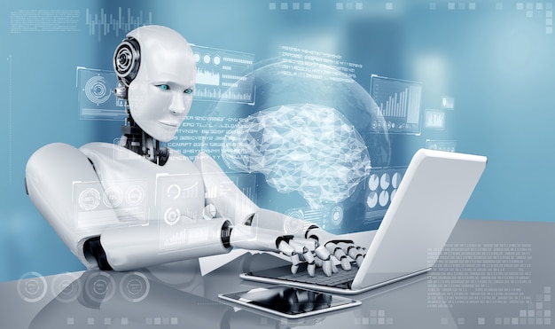 Robot-humanoïde gebruikt laptop en zit aan tafel in het concept van AI-denkend brein