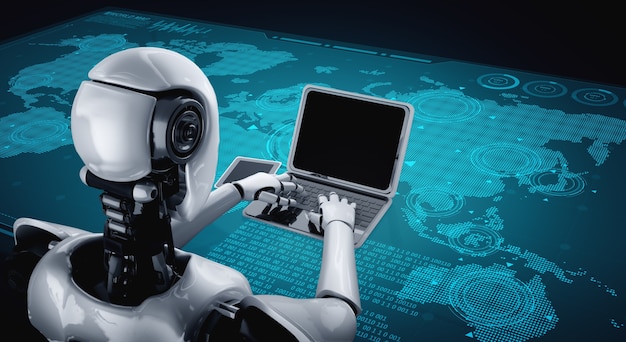 Robot humanoïde gebruikt laptop en zit aan tafel voor wereldwijde netwerkverbinding