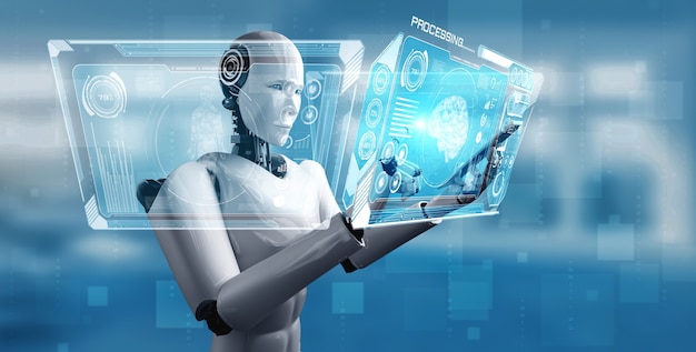Robot-humanoïde gebruikt mobiele telefoon of tablet in concept van AI-denkend brein